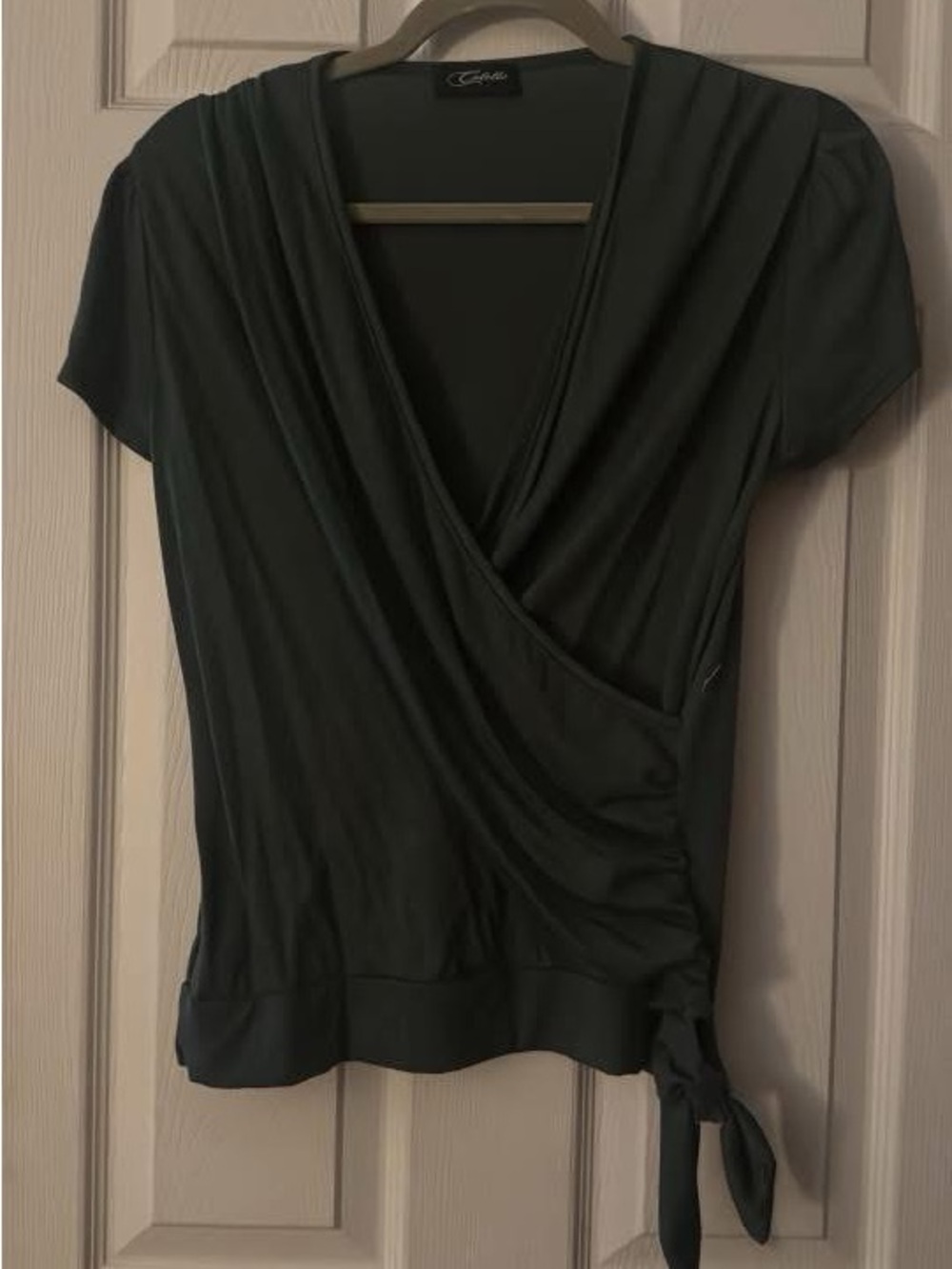 CAbi Dark Green Short-Sleeve Wrap Top with Side Tie